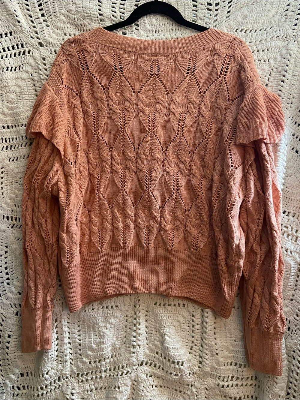 ARULA Rose Pink Cable Knit Ruffle Sleeve Cardigan - Picture 3 of 3